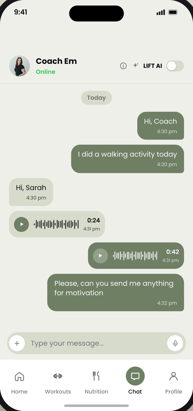 Messaging Coach Em in the Empower app